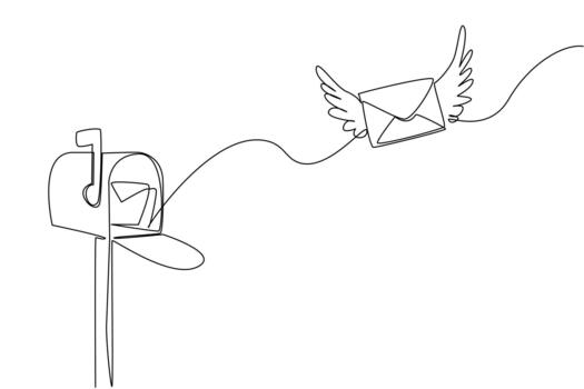 Single continuous line drawing open mailbox with a winged envelope flying towards the mailbox. Send directly to destination. Send an Electronic Greeting Card Day. One line design vector