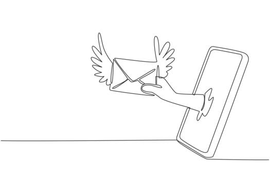 Continuous one line drawing hand holding winged envelope coming out of smartphone. Sending cards via app. Modern. Send an Electronic Greeting Card Day. Single line draw illustration vector