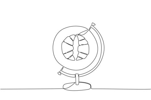 Single one line drawing a globe with a round plate in the middle containing 2 croissants. World Baking Day. Instant energy source. High in carbohydrates. Continuous line design illustration vector