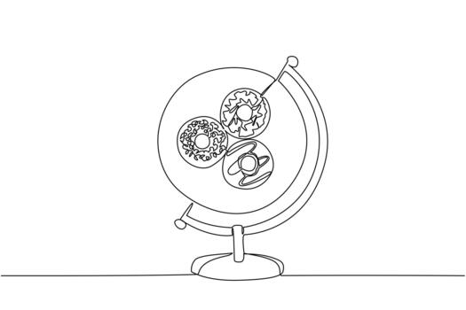 Single continuous line drawing a globe with a round plate in the middle containing 3 donuts with various toppings. Calm the mood. Delicious. World Baking Day. One line illustration vector