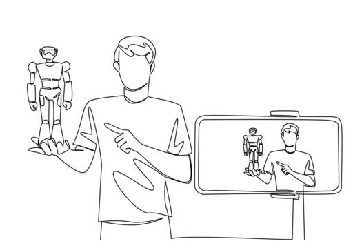 Single one line drawing a man holding robots and doing live streaming using a smartphone. Side job. Reviewing fancy robots. Live. National Streaming Day. Continuous line design illustration vector