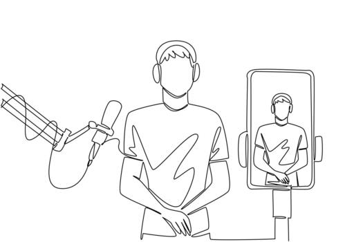 Single continuous line drawing a man using headphones and mic doing live streaming with a smartphone. Live broadcast to greet fans. Podcast. National Streaming Day. One line illustration vector