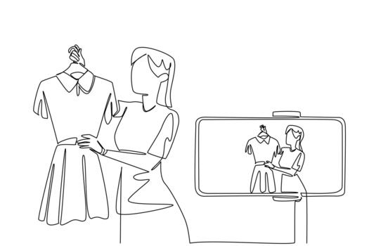 Continuous one line drawing woman holds clothes on a hanger and doing live streaming using a smartphone. Online business. Review. National Streaming Day. Single line draw illustration vector