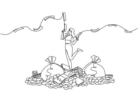Single continuous line drawing a woman stands on pile of money holds gun that shoots out banknotes in both hands. Collecting to share. Humble. Be a Millionaire Day. One line design vector