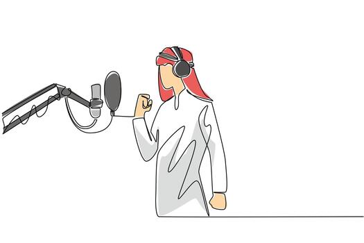Continuous one line drawing Arab man standing in front of a mic using headphones is singing. Audition to enter the recording studio. National Sing Out Day. Single line draw design illustration vector