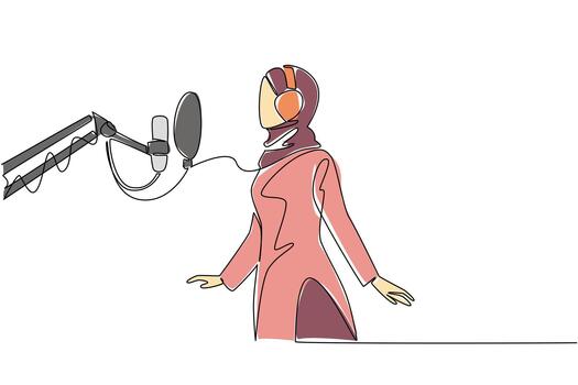 Single continuous line drawing Arab woman standing in front of mic using headphones is singing. First experience entering a recording studio. National Sing Out Day. One line design illustration vector
