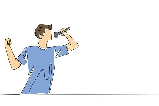 Single continuous line drawing a young man in casual clothes is singing. Practice seriously to join the talent search event. Hobby singing. National Sing Out Day. One line design illustration vector