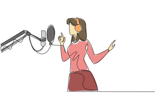 Single one line drawing a woman standing in front of standing mic using headphones is singing. The process of recording a new album. National Sing Out Day. Continuous line design graphic illustration vector
