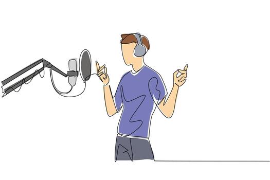 Continuous one line drawing a man standing in front of a standing mic using headphones is singing. Future star singer discovered. National Sing Out Day. Single line draw design illustration vector