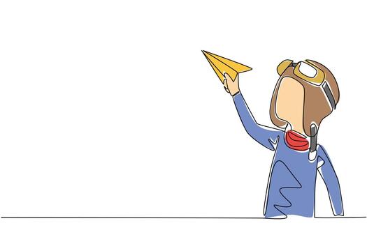 continuo uno línea dibujo chico vistiendo piloto casco y participación papel avión. ambicioso piloto volador su primero juguete avión. nacional papel avión día. soltero línea dibujar diseño ilustración vector