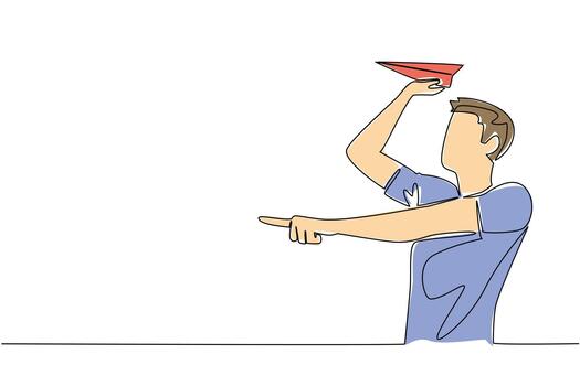 soltero uno línea dibujo un hombre en casual ropa soportes y sostiene un papel avión. repitiendo infancia aficiones. creatividad. nacional papel avión día. continuo línea diseño gráfico ilustración vector