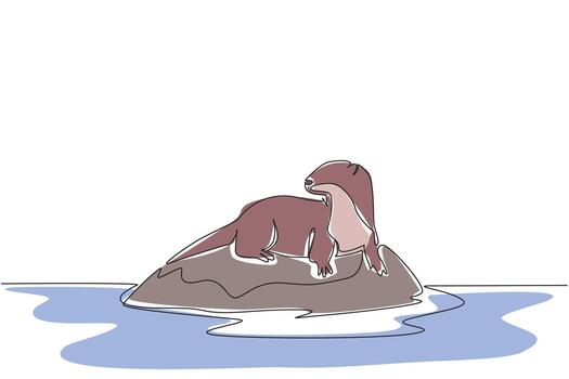 Single one line drawing otter lying on a rock. Acclimatization when summer arrives. Adaptation to avoid dehydration. Watching the prey. World Otter Day. Continuous line design graphic illustration vector