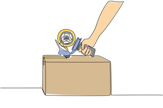 Continuous one line drawing hand is isolating a cardboard box using an insulating tool. Tools that make things easier. Gluing. National Cellophane Tape. Single line draw design illustration vector