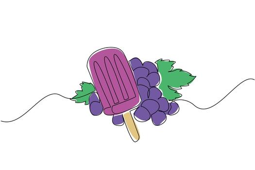 Single one line drawing grape popsicles with grapes on the back. The main ingredients for making refreshing popsicles in summer. Cold. Grape Popsicle Day. Continuous line design graphic illustration vector