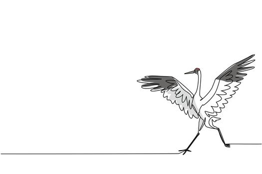 Single one line drawing whooping crane running with wings spread. Attacking posture to defend against predators. Defending the territory Whooping Crane Day. Continuous line design graphic illustration vector