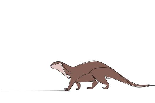 Single continuous line drawing otter is walking. Taking a leisurely stroll to find water to soak in. Adorable behavior during the summer. Wildlife. World Otter Day. One line design illustration vector