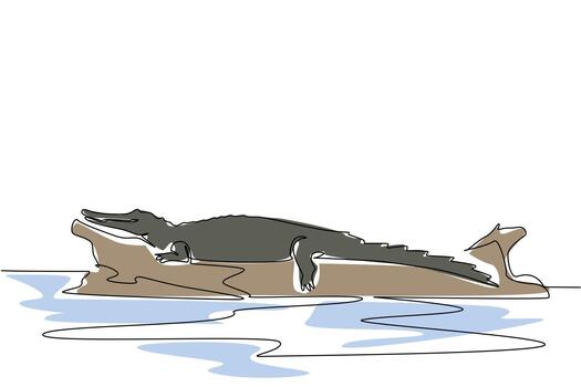 Single continuous line drawing alligator on the surface of fallen tree trunk. Coming to the surface after soaking in water. Acclimatization. National Alligator Day. One line design illustration vector