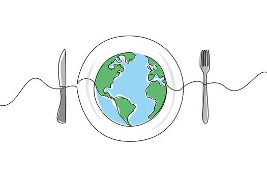 Single continuous line drawing a plate with a globe in the middle with knife and fork on the right and left. Annual problem that keeps happening. World Hunger Day. One line design illustration vector