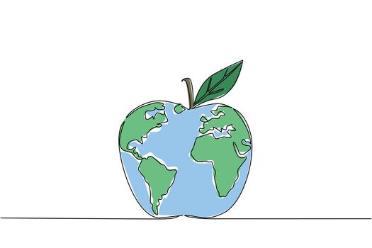 Single one line drawing globe made like an apple with leaves. The good vitamin content of an apple. Not everyone can eat it. Problem. World Hunger Day. Continuous line design graphic illustration vector