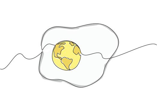 Continuous one line drawing fried egg with yolk made into globe. Good protein content in eggs. Good nutrition but not evenly distributed. World Hunger Day. Single line draw design illustration vector