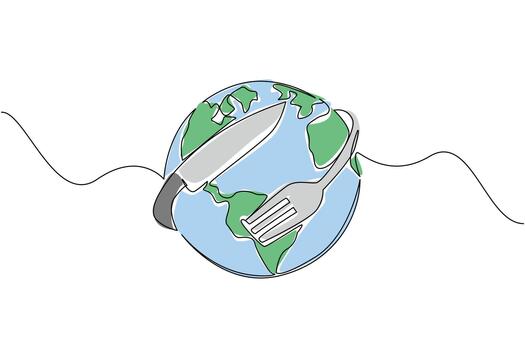 Single continuous line drawing globe surrounded by forks and knives. Symbol of lack of food that is not suitable for consumption. Lack of protein. World Hunger Day. One line design illustration vector