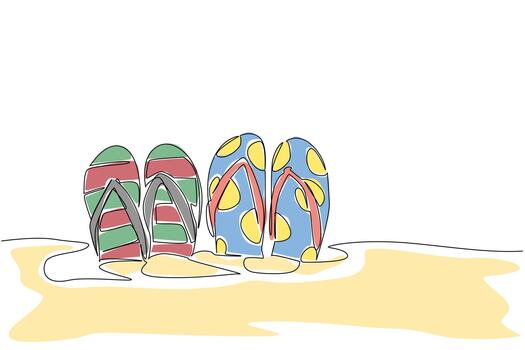 Continuous one line drawing 2 pairs of patterned flip flops embedded in the sand. A young couple spends their holidays on the beach. National Flip Flop Day. Single line draw design illustration vector