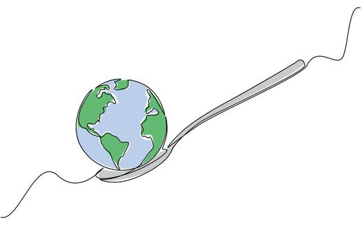 Continuous one line drawing a spoon with a globe on the end. Supporting the formation of a more serious world food agency. Rise awareness. World Hunger Day. Single line draw design illustration vector