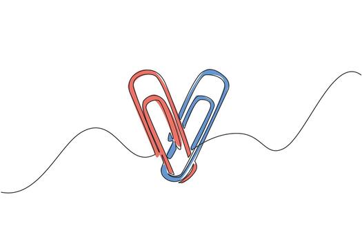 Single continuous line drawing paper clip shaped into a heart. Office needs when want to stick paper without glue. Does not damage paper. National Paperclip Day. One line design illustration vector