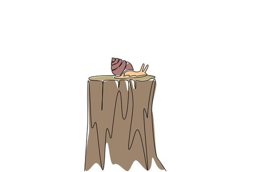 Single one line drawing the snail walking on a cut tree trunk. Surviving massive illegal logging. Losing habitat. Adapting to moving. National Snail Day. Continuous line design graphic illustration vector