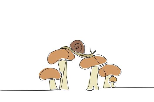 Single continuous line drawing snails walking and crossing on mushroom stems. Crawling animal with coiled shell. Devouring mushrooms slowly. National Snail Day. One line design illustration vector