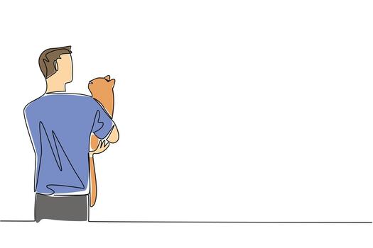 Continuous one line drawing rear view, a man in casual clothes hugging cat. Cat friendship with humans. Adorable behavior. International Hug Your Cat Day. Single line draw design illustration vector