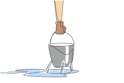 Single continuous line drawing hand holds bucket with hole with water coming out of hole. Leaks from inside are difficult to repair. National Hole In My Bucket Day. One line design illustration vector