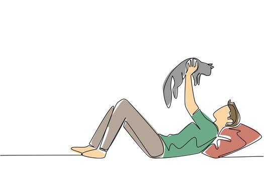 Single continuous line drawing a man in casual clothes lying down lifting and hugging a cat. Adorable game with pet cat. Cheerful. International Hug Your Cat Day. One line design illustration vector