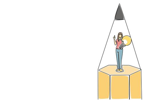 continuo uno línea dibujo un mujer llevar un bombilla con gesto en medio de el propina de lápiz. soluciones a adaptar. innovar. nacional creatividad día. soltero línea dibujar diseño ilustración vector