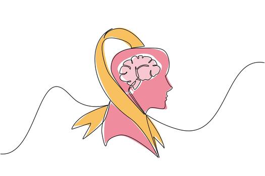 Single continuous line drawing campaign ribbon wraps around silhouette of head with brain inside head. Currently undergoing treatment. World Multiple Sclerosis Day. One line design illustration vector