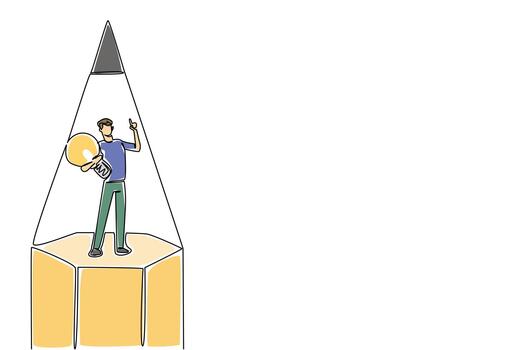 Single one line drawing a man carry a lightbulb with gesture in middle of the tip of pencil. Innovation and fresh ideas. Creative. National Creativity Day. Continuous line design graphic illustration vector