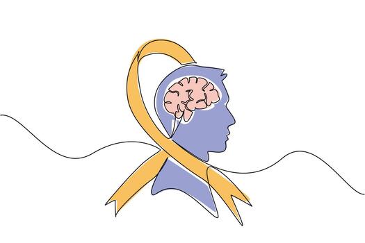Continuous one line drawing campaign ribbon wraps around silhouette of head with brain inside the head. Suffering is ongoing. World Multiple Sclerosis Day. Single line draw design illustration vector