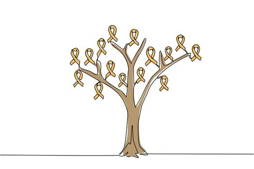 Continuous one line drawing tree whose leaves are campaign ribbons. Symbolization of the brain network system. Nerves. Sick. World Multiple Sclerosis Day. Single line draw design illustration vector