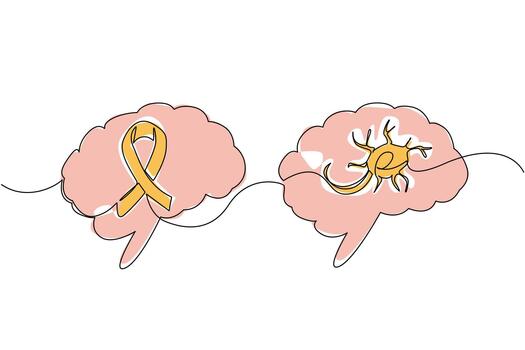 Single one line drawing multiple sclerosis nerves in left brain and campaign ribbons in right brain. Cerebral palsy. Disease. World Multiple Sclerosis Day. Continuous line design graphic illustration vector