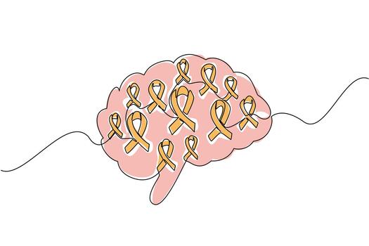 Single continuous line drawing collection of campaign ribbons in the middle of the brain. Autoimmune disease. Attacked by infection. World Multiple Sclerosis Day. One line design illustration vector