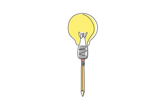 Single one line drawing pencil stand with a light bulb on top. The power of writing is based on strong thinking. Inspiration. National Creativity Day. Continuous line design graphic illustration vector