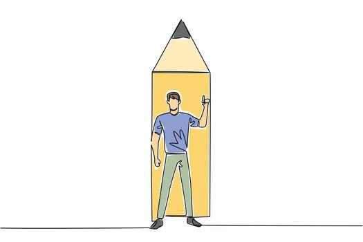 soltero continuo línea dibujo un hombre en pie en frente de el fondo final de un lápiz con un gesto. escritura soluciones es el Derecha forma. nacional creatividad día. uno línea diseño ilustración vector