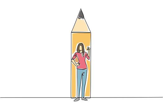Single one line drawing a woman standing in front of bottom end of pencil with a gesture. Binding the best ideas through writing. National Creativity Day. Continuous line design graphic illustration vector