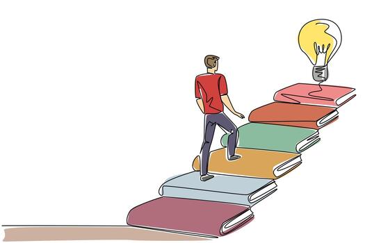Single one line drawing a man walks on stairs made of books and a floating light bulb. Reading to find the best solution. Idea. National Creativity Day. Continuous line design graphic illustration vector