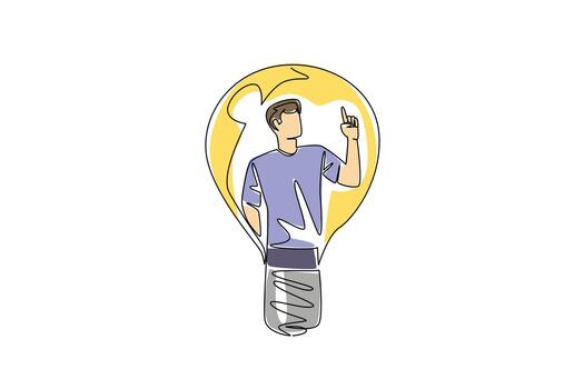 Continuous one line drawing a man in casual clothes with gestures got an idea in a lightbulb. Getting ideas at the right time. National Creativity Day. Single line draw design illustration vector