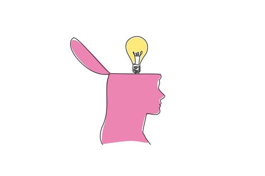 Single one line drawing the top of head is open and there is lightbulb above it. Do some brainstorming. Sensitivity of thinking. National Creativity Day. Continuous line design graphic illustration vector