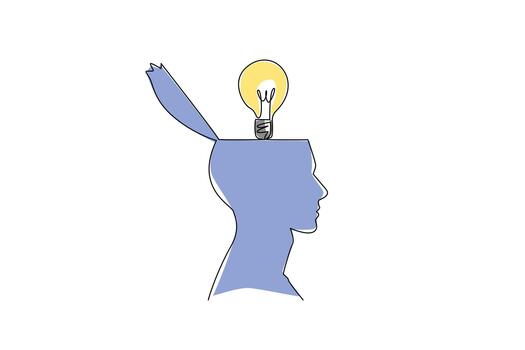 Single continuous line drawing the top of the head is open and there is light bulb above. Putting out very rational ideas. Solve problem. National Creativity Day. One line design illustration vector