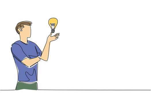 continuo uno línea dibujo un hombre levanta y abre palma con bombilla flotante encima palmera. medición el mejor ideas a implementar. nacional creatividad día. soltero línea dibujar diseño ilustración vector