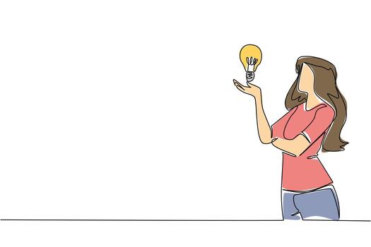 soltero uno línea dibujo un mujer levanta y abre palma con bombilla flotante encima palmera. considerando el mejor solución. genio. nacional creatividad día. continuo línea diseño gráfico ilustración vector