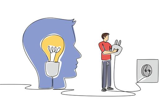 continuo uno línea dibujo un hombre soportes en frente de silueta de cabeza sostiene cable y tapones dentro enchufe. fortalecer memoria. nacional creatividad día. soltero línea dibujar diseño ilustración vector